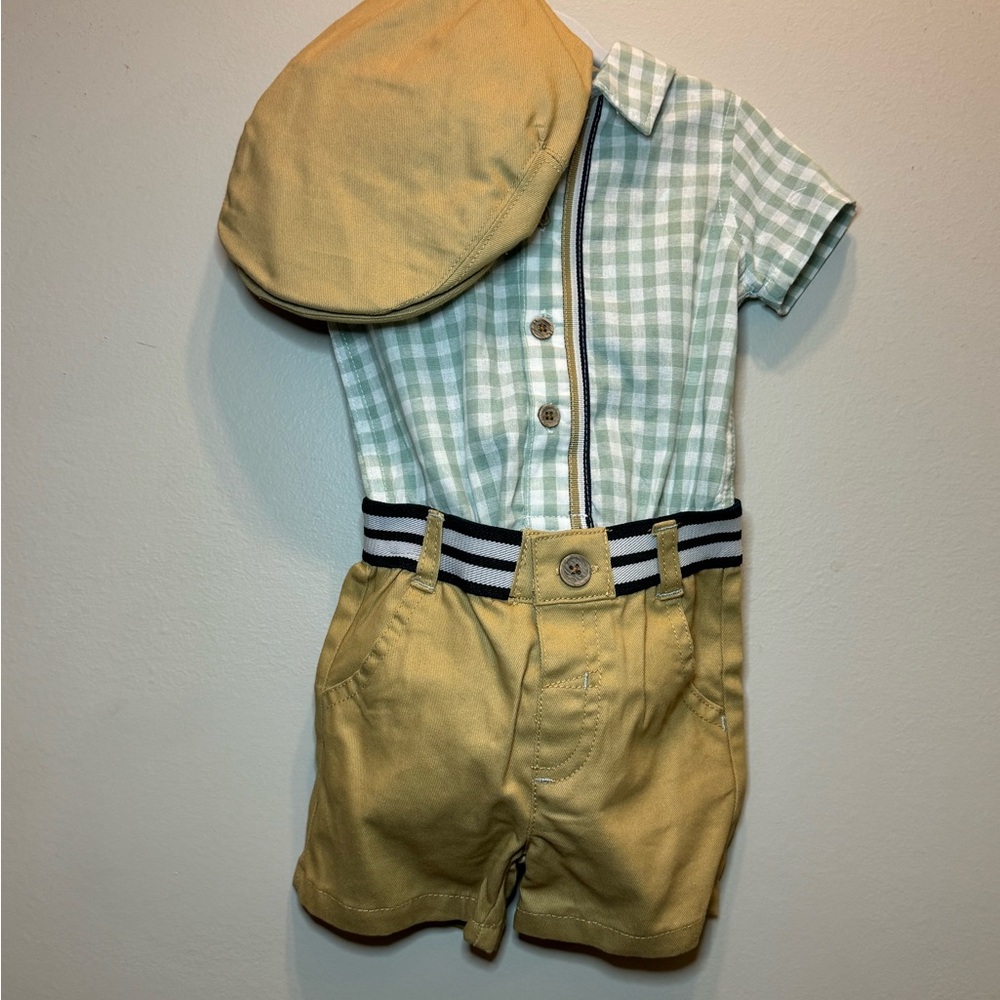 Green Checkered Shirt and Tan Shorts Set with Cap
